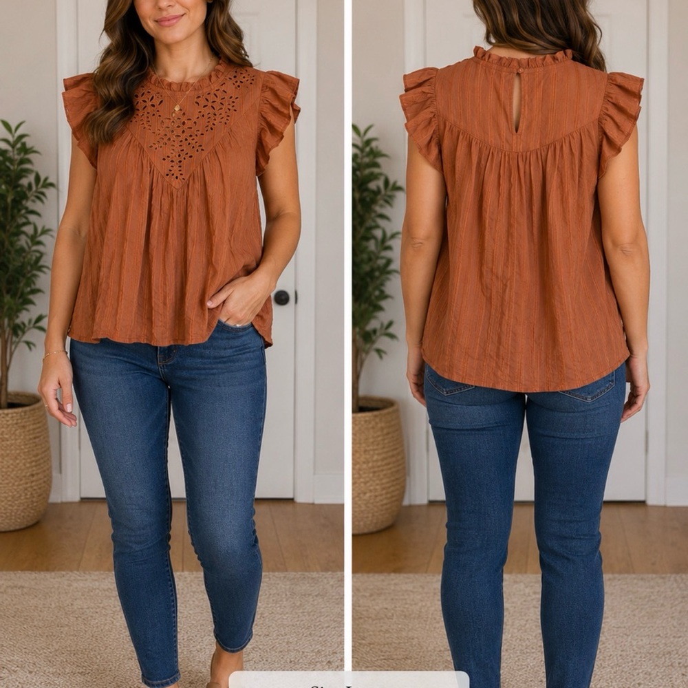 Universal Thread Eyelet Flutter-Sleeve Top - Rusty Terracotta